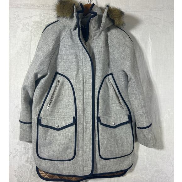 J Crew Coat 4 Gray Italian Stadium Cloth Nello Gori Wool Quilt Lined Fur Trim - Picture 1 of 14